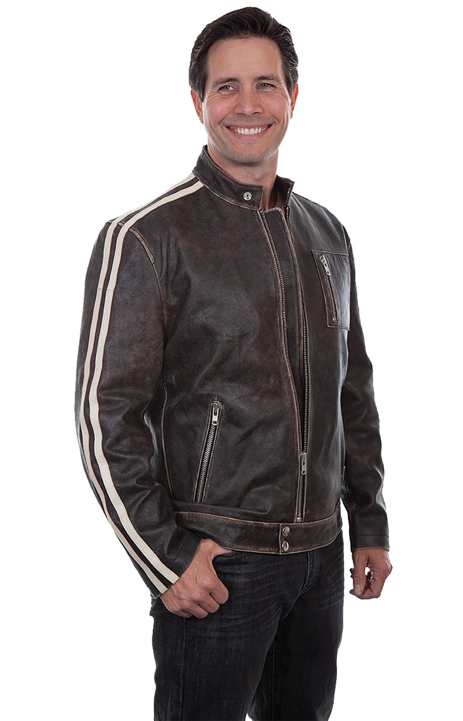 Scully Leather Mens Sanded Cafe Racer Two Stripe Motorcycle Jacket Charcoal L