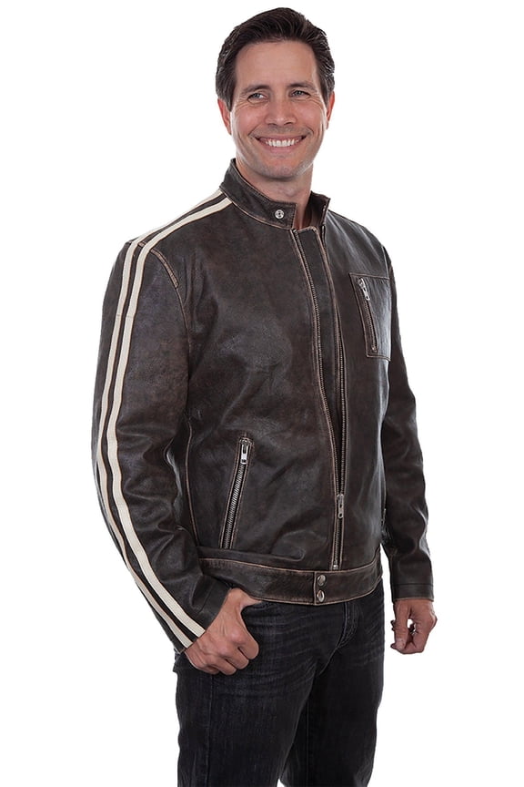 Mens Sanded Cafe Racer Two Stripe Motorcycle Jacket Charcoal L
