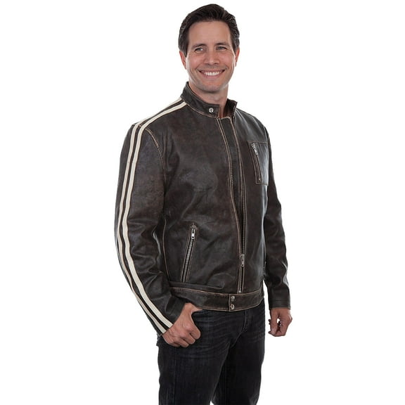 Scully Leather Mens Sanded Cafe Racer Two Stripe Motorcycle Jacket Charcoal L
