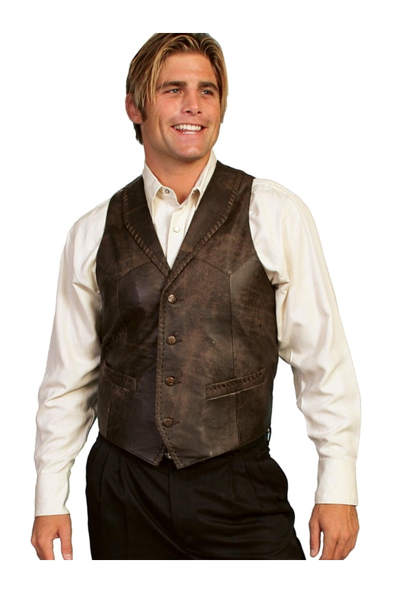 Mens Whip Stitch Leather Lapel Vest Brown Buff XL