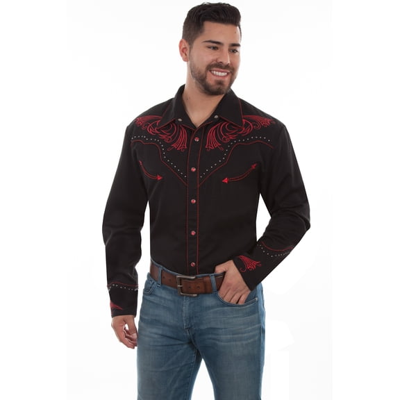 Scully Mens Black Poly/Rayon Red Scroll L/S Shirt M