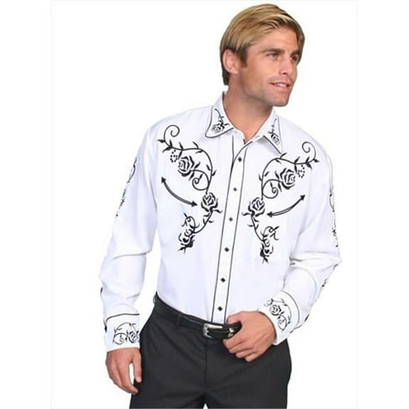 Scully Men's Floral Embroidered Vintage Long Sleeve Western Shirt, White, X-Large