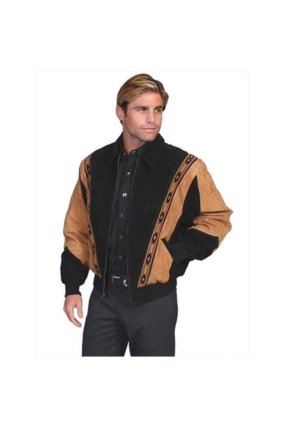 Scully Mens Leather Wear Rodeo Boar Suede Jacket - Black W-Cafe Brown Trim Boar Suede - Small