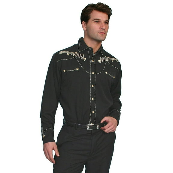 Scully Mens Shirt Western Black Poly Blend Embroidered Music Note Snap L/S XL