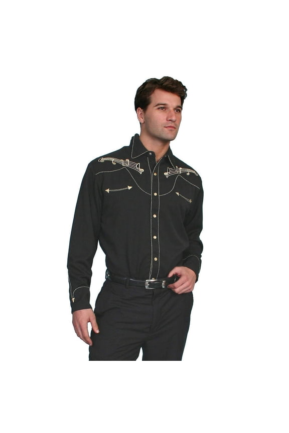 Scully Mens Shirt Western Black Poly Blend Embroidered Music Note Snap L/S XL
