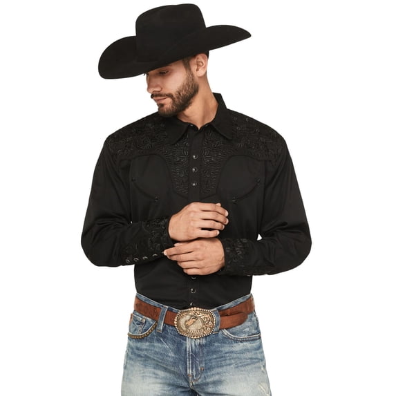 Scully Men's Floral Embroidered Retro Long Sleeve Snap Western Shirt Jet Black