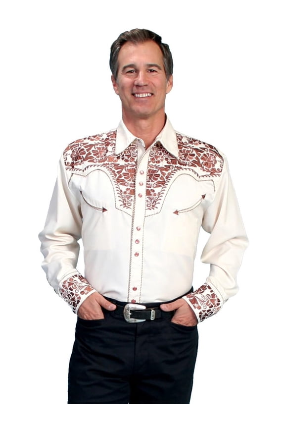 Scully Mens Shirt Western Natural Poly Blend Floral Tooled Stitch L/S L