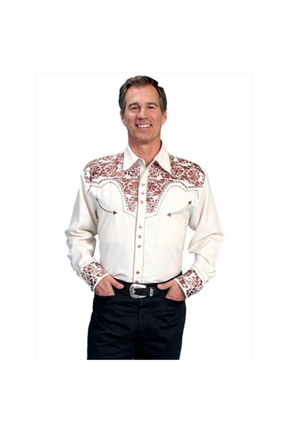 Scully Mens Shirt Western Natural Poly Blend Floral Tooled Stitch L/S XL