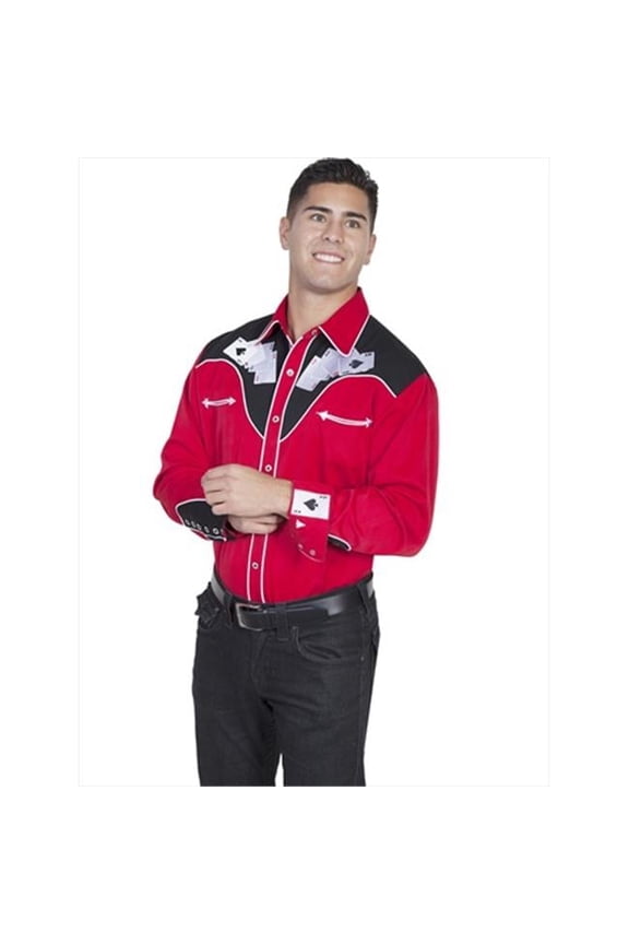 Scully Mens Shirt Western Red Poly Blend Four Ace Embroidery L/S L