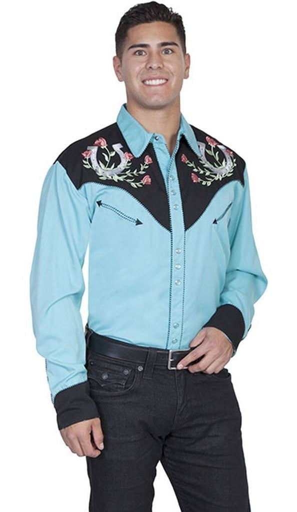 Scully Mens Shirt Western Turquoise Poly Blend Horseshoe Rose Stitch L ...