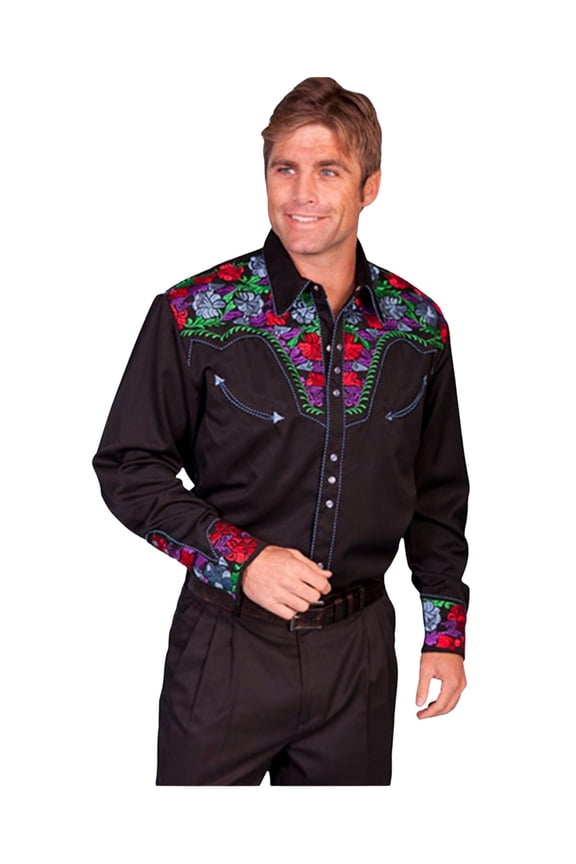 Scully Men's Vibrant Floral Embroidered Retro Long Sleeve Western Shirt Dark Blue X-