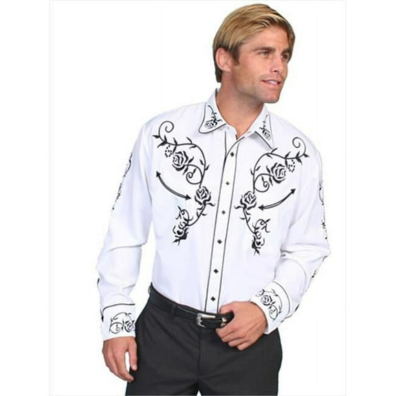 Scully Men's Floral Embroidered Vintage Long Sleeve Western Shirt, White, Large