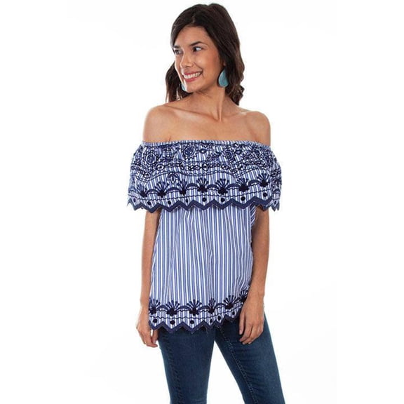 Scully HC602-NAV-M Women Stripe & Embroidered Ruffle Blouse, Navy - Medium