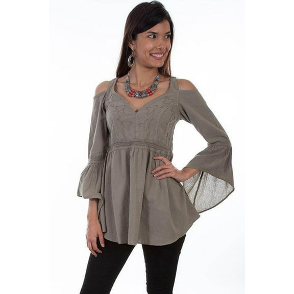 Scully Womens Olive 100% Cotton Floral Vine L/S Tunic S