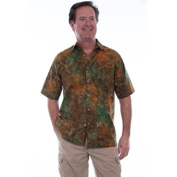 Scully 5268-OTB-B-2XT Mens Short Sleeve Block Batik Shirt, Outback - 2XL Tall