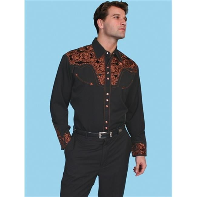 Scully / ウエスタンシャツ/長袖シャツ/L/ポリエステル/BLK/p-634 Scully® Men's Floral Tooled Embroidered Western Black Shirt P-634
