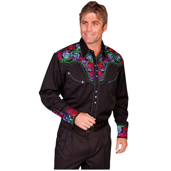 Scully Men's Vibrant Floral Embroidered Retro Long Sleeve Western Shirt Dark Blue XX-