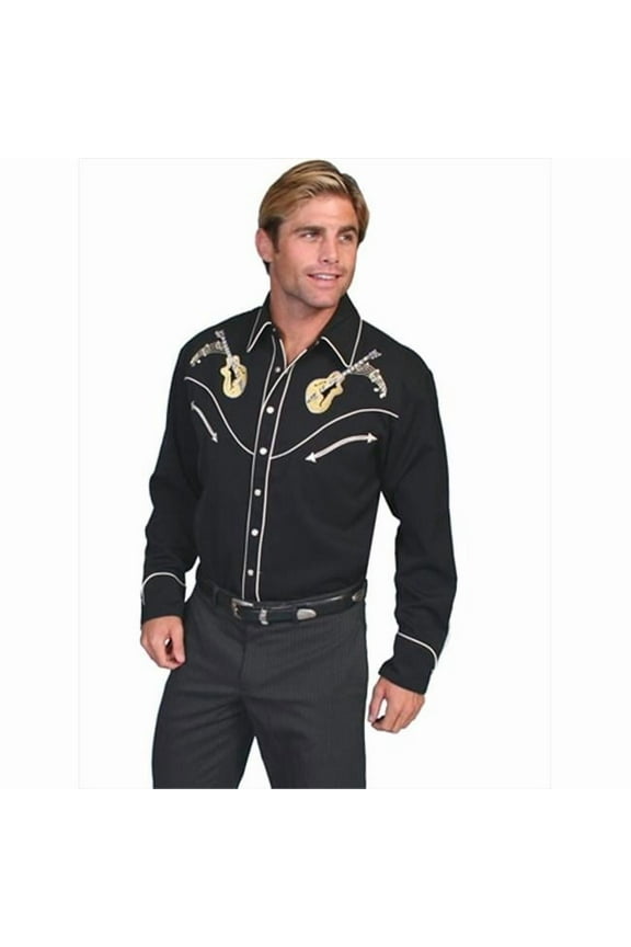 Scully Mens Shirt Western Black Poly Blend Rock 'n Roll Stitch L/S L