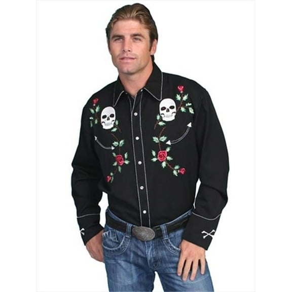 Scully Western Mens Black Polyester L/S Skull Roses Western Shirt XL