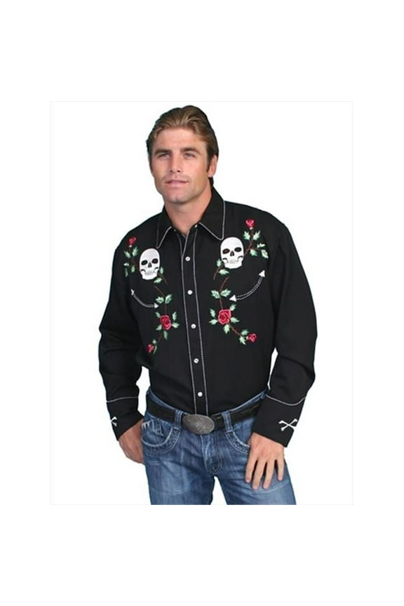 Scully Western Mens Black Polyester L/S Skull Roses Western Shirt XL