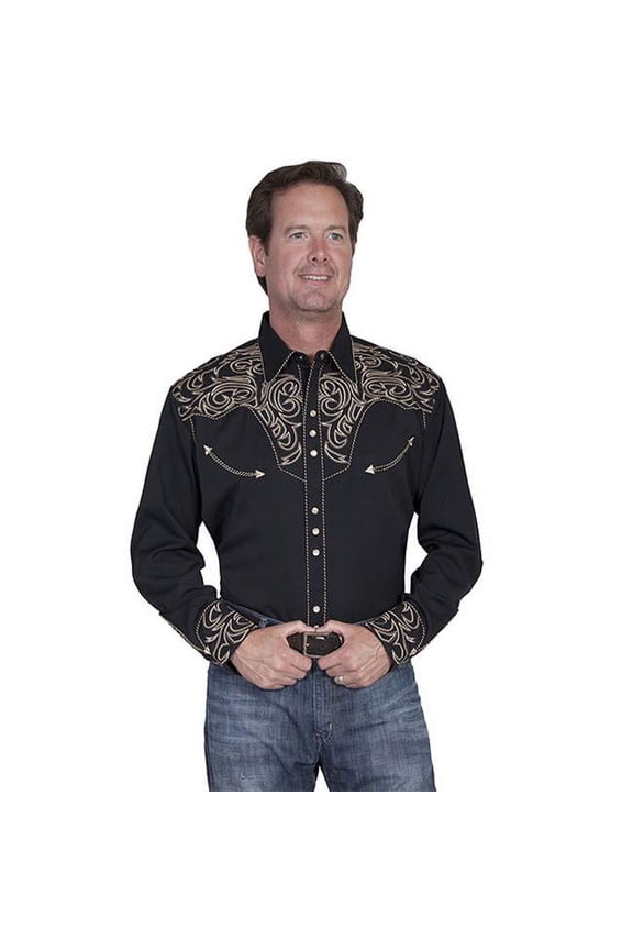 Scully Men's Embroidered Scroll Long Sleeve Snap Western Shirt - P-852 BLK Medium