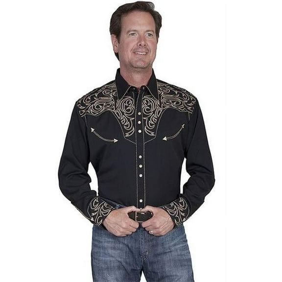 Scully Men's Embroidered Scroll Long Sleeve Snap Western Shirt, Black, 4X