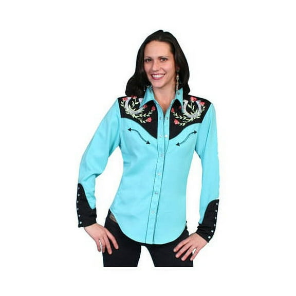 Scully Western Womens Turquoise Polyester L/S Horseshoe Western Shirt L