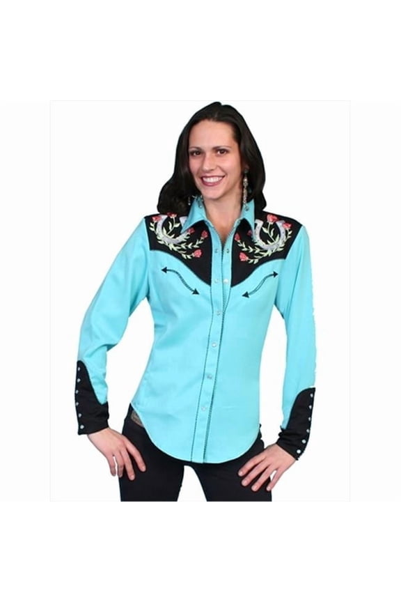 Scully Women's Horseshoe Embroidered Retro Western Shirt, Turquoise, X-Small