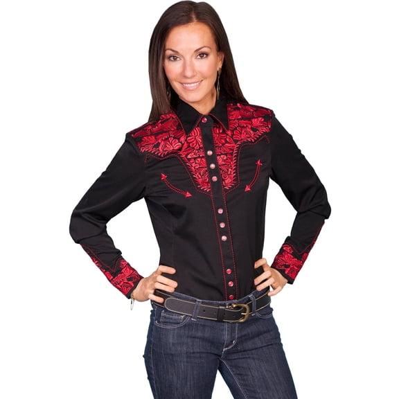 Scully Western Womens Crimson Polyester L/S Floral Stitch Western Shirt L