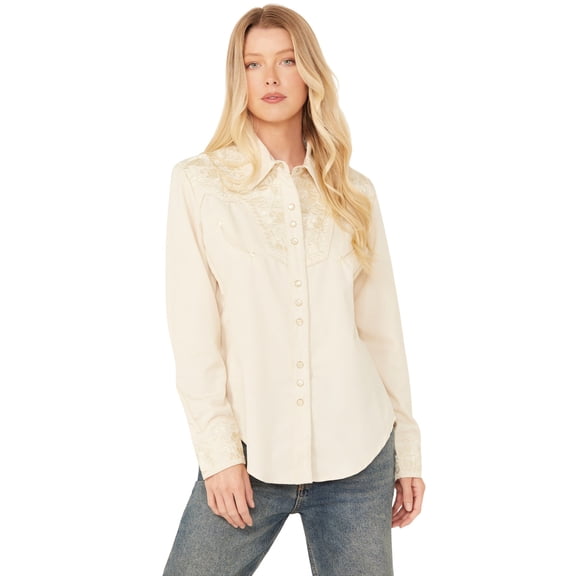 Scully PL-654-IVO-M Floral Tooled Embroidery Womens Western Shirt, Ivory - Medium