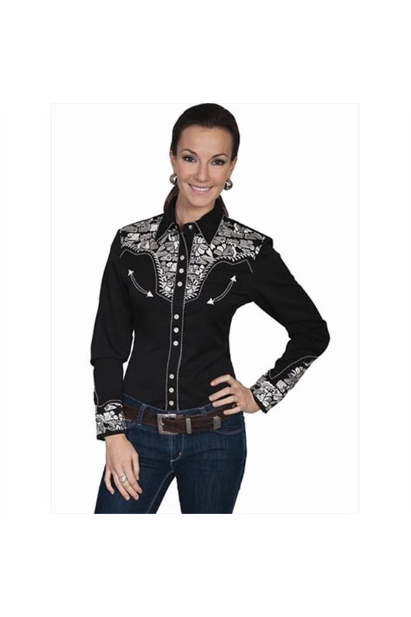 Scully Women's Embroidered Long Sleeve Pearl Snap Western Shirt Silver US