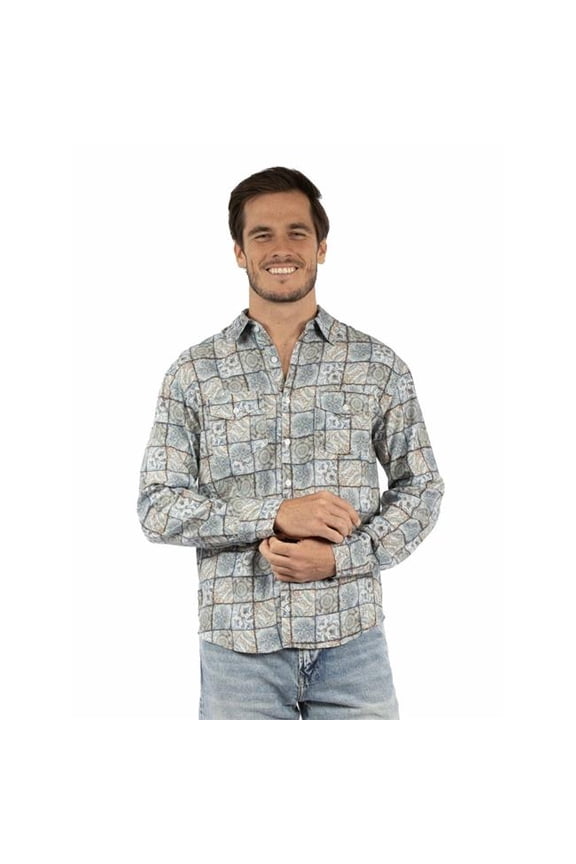 Scully PS-369-BLU-L Men Block Print Tencel Shirt, Blue - Large