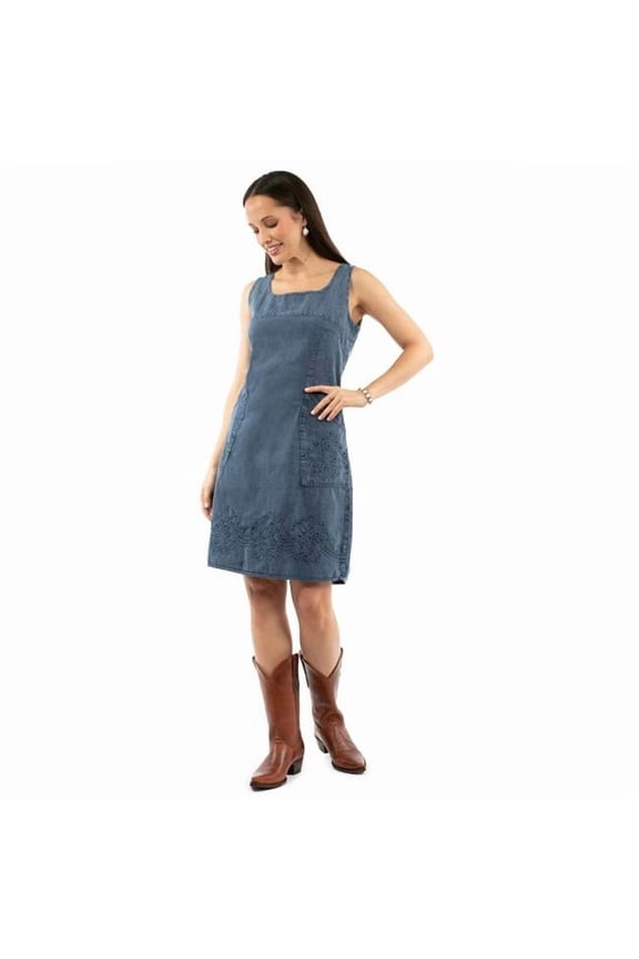 Scully PSL-278-DBL-S Womens Soutach Two Pockets 100 Percent Cotton Sleeveless Dress, Dark Blue - Small