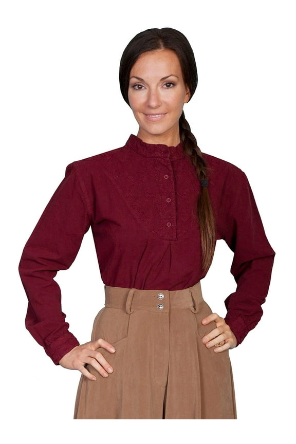 Scully RangeWear Womens Burgundy 100% Cotton Embroidered Inset L/S Blouse M