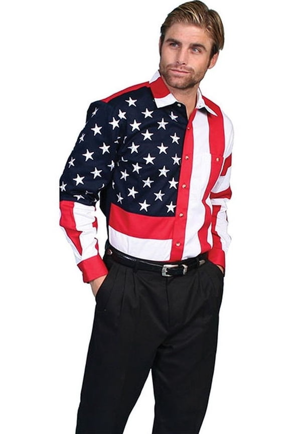 Scully Rangewear Men's Patriotic American Flag Long Sleeve Western Shirt, Red, 3X