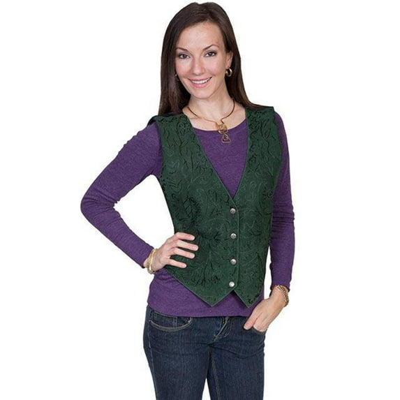 Scully L14-407-M Women Embroidered Vest, Spruce Boar Suede - Medium