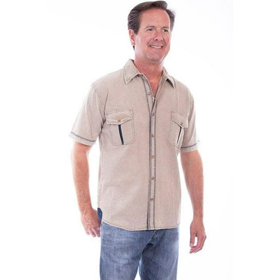 Scully 5257-STO-L Western Shirt Mens Short Sleeve Ridgeline Button, Stone - Large