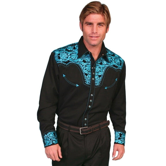 Scully P-634-TUR-XS Floral Tooled Embroidery Mens Western Shirt, Turquoise - Extra Small