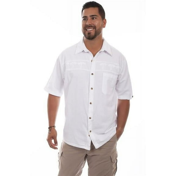 Scully 5202 WHT L Tone-On-Tone Embroidered Mens Short-Sleeved Shirt, White - Large