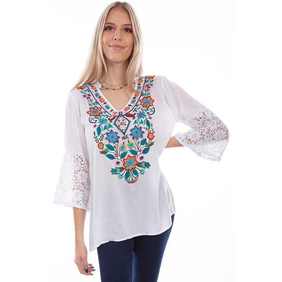 Scully HC728-WHT-S Women Embroidered Blouse with Crochet Sleeves, White - Small