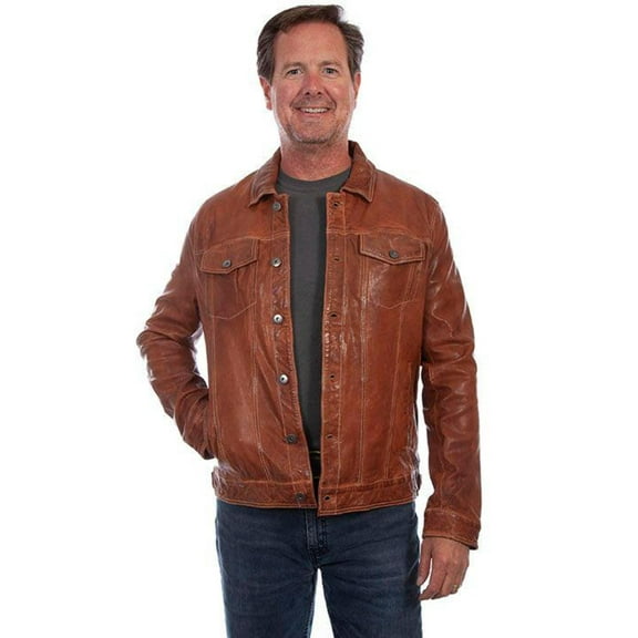 Scully Men's Leather Button-Front Trucker Jacket Tan