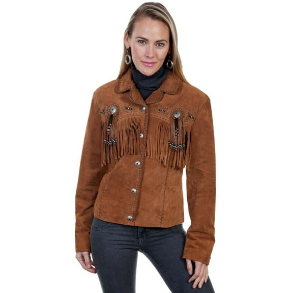 Scully L152-81-B-W-1X Western Jacket Womens Leather Beaded Fringe Fitted, Cinnamon - 1X