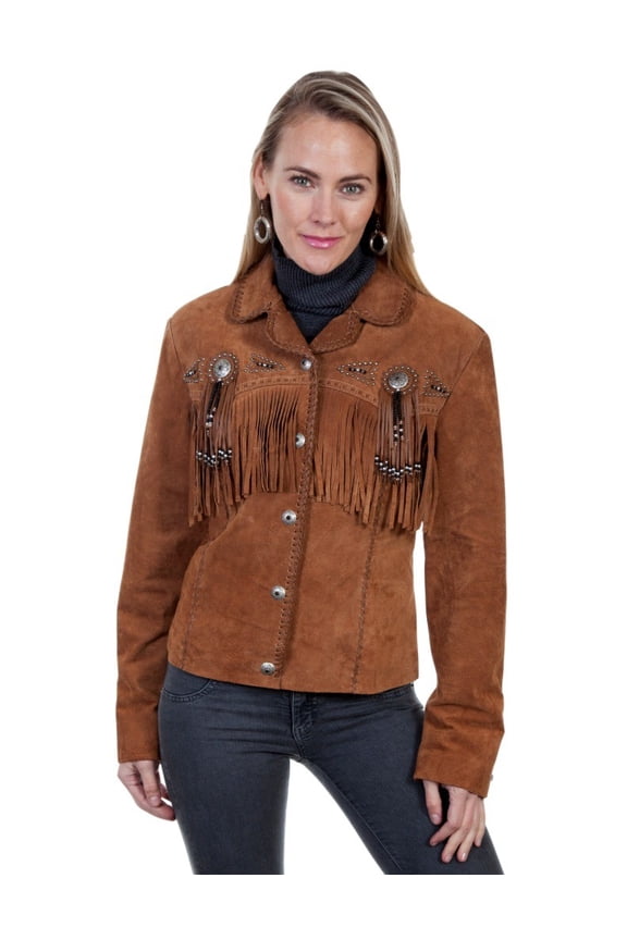 Scully L152-81-B-W-1X Western Jacket Womens Leather Beaded Fringe Fitted, Cinnamon - 1X