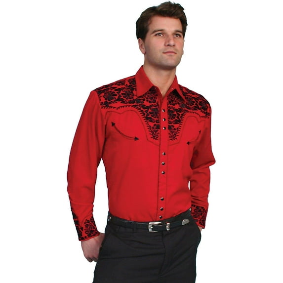 Scully Western Mens Red Polyester L/S Big Tooled Floral Western Shirt 3X
