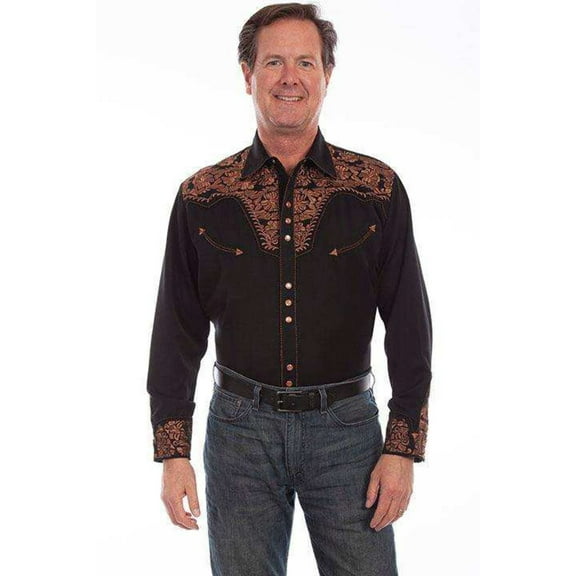 Scully P-634-BLK-XS Floral Tooled Embroidery Mens Western Shirt, Black - Extra Small