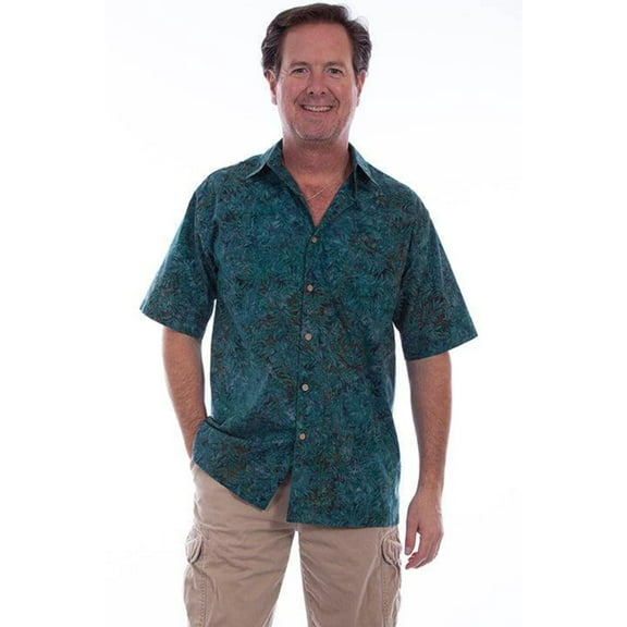 Scully 5267-DSE-B-XLT Western Shirt Mens Short Sleeve Leaf Batik Button, Deep Sea - Extra Large Tall