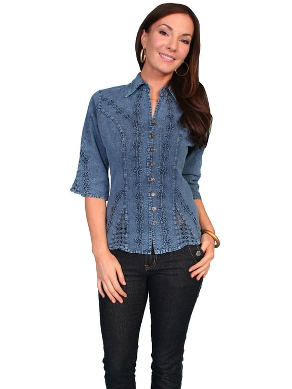 Scully Western Shirt Women 3/4 Sleeve Button L Dark Blue F0_PSL-064
