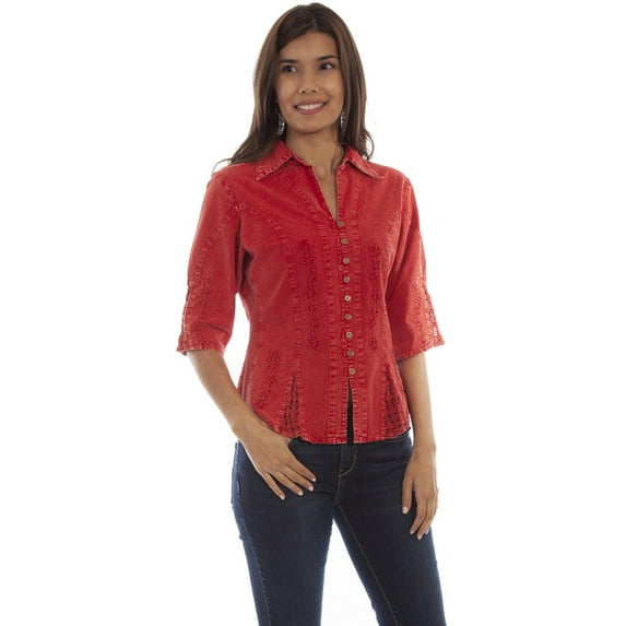 Scully Western Shirt Women 3/4 Sleeve Button M Brick F0_PSL-064
