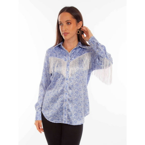 Scully Western Shirt Womens L/S Mini Floral Fringe XL Blue F0_HC865