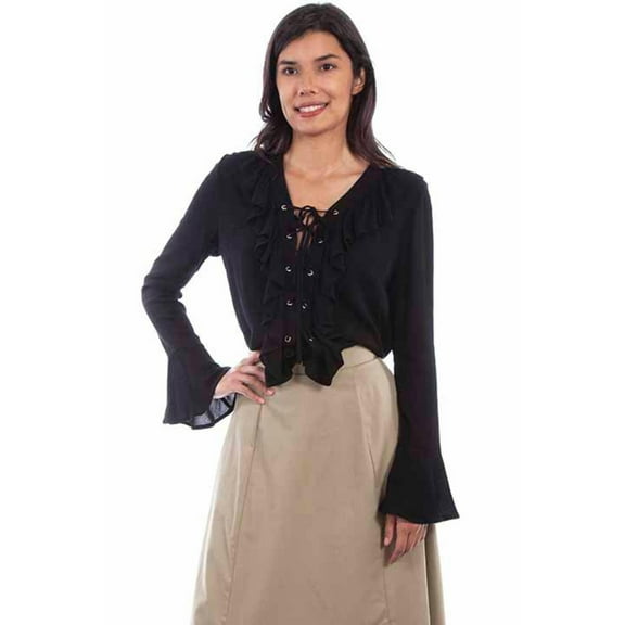 Scully RW619-BLK-S Western Shirt Womens Long Sleeve Range-Wear Ruffle, Black - Small